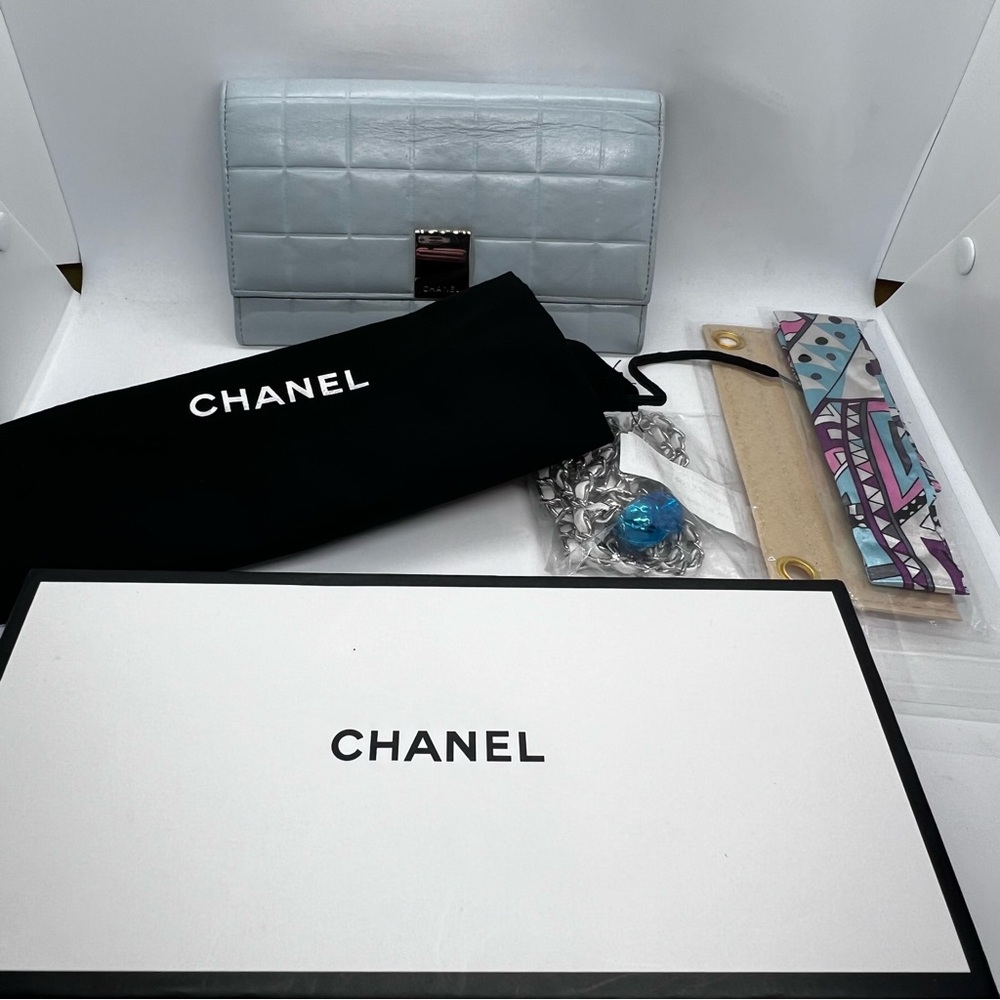 Chanel w/COA Pastel Blue Quilted Chocolate Bar Wallet/Clutch After Market Chain